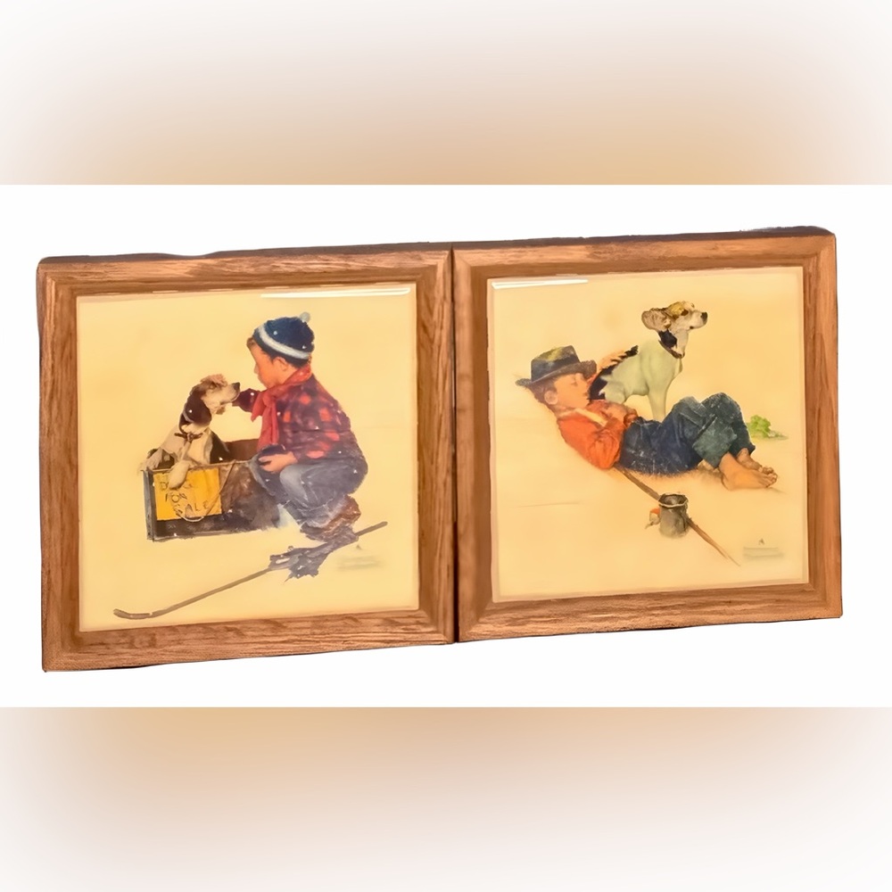 Rare Vintage Norman Rockwell Framed Tile Ceramic Prints - Boy & Dog Set of 2